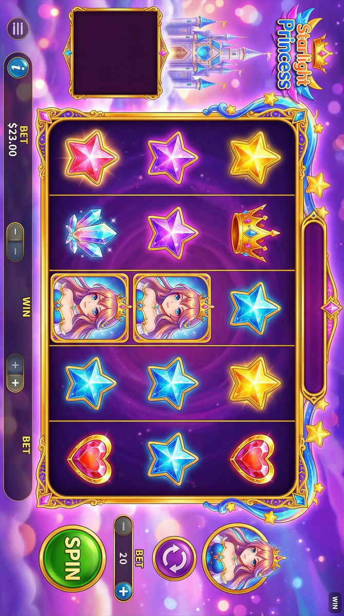 Caça-níqueis Starlight Princess com símbolos mágicos de estrelas, cristais e coroas douradas